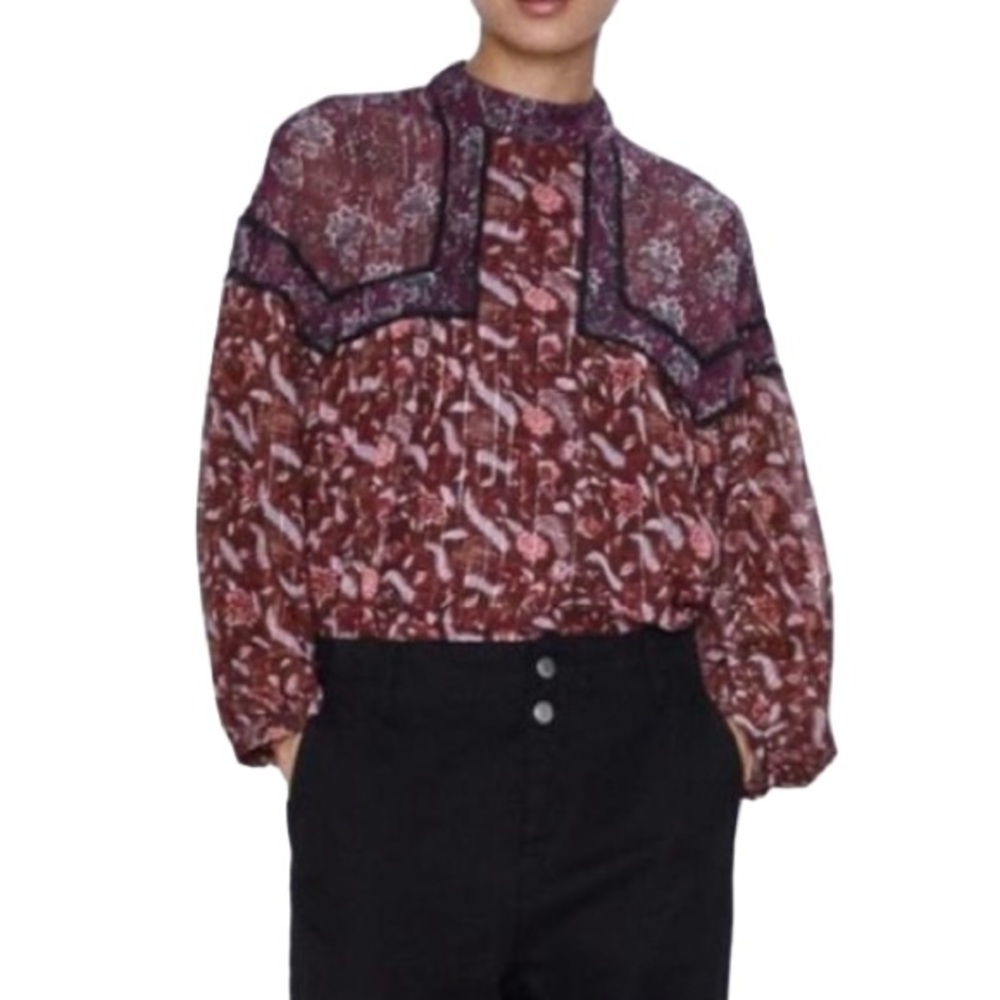 ZARA Mock Neck‎ paisley feather Red Floral Sheer Top
